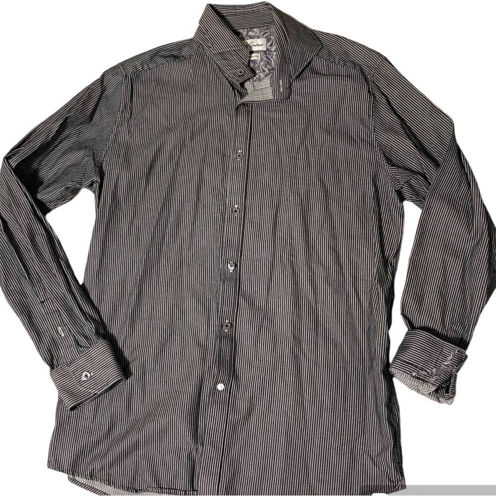 Robert Graham button down dress shirt size 42 black gray stripe grey striped